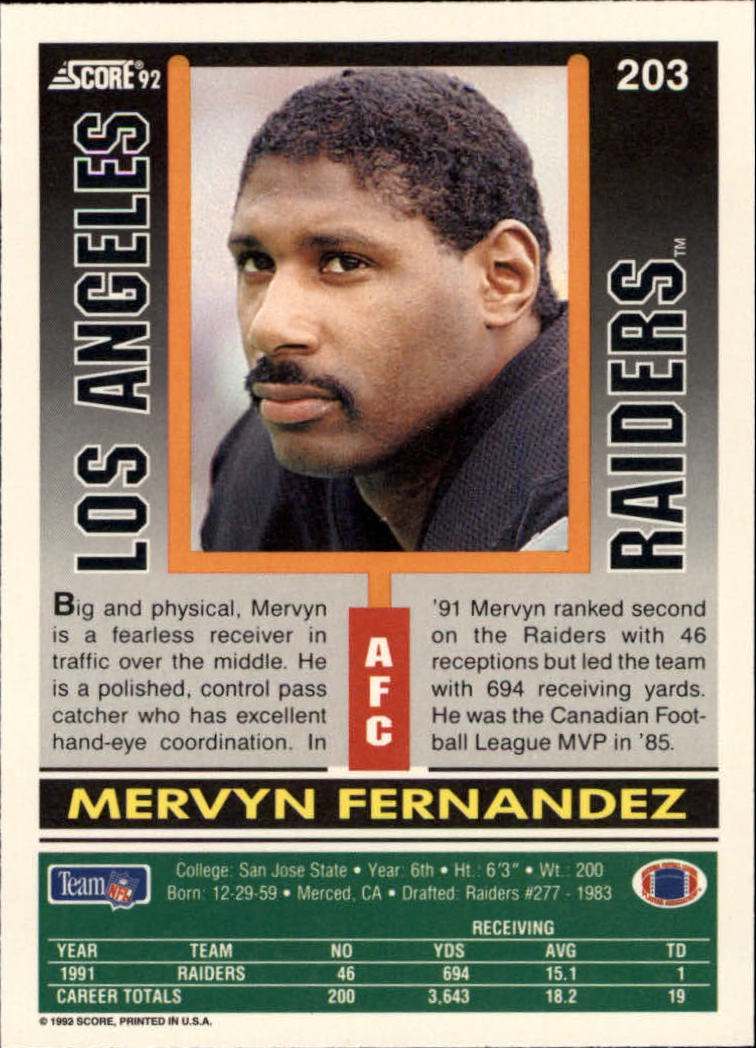 1992 Score #203 Mervyn Fernandez back image