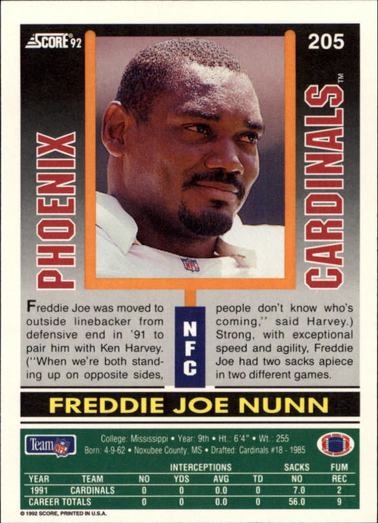 1992 Score #205 Freddie Joe Nunn back image