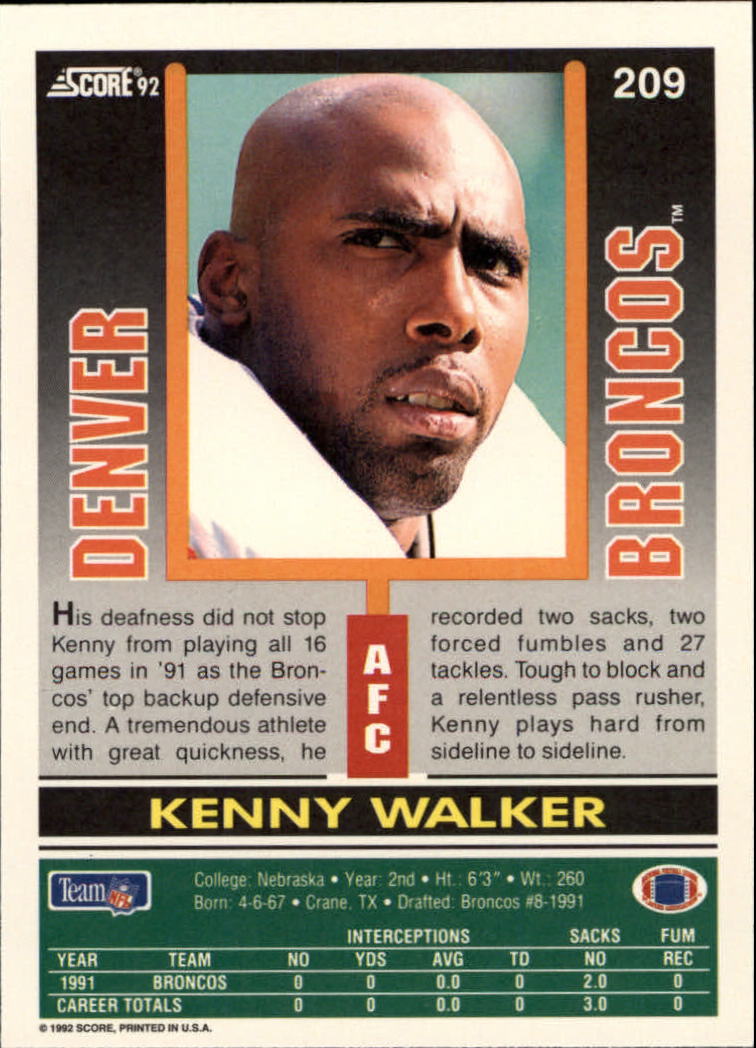 1992 Score #209 Kenny Walker back image