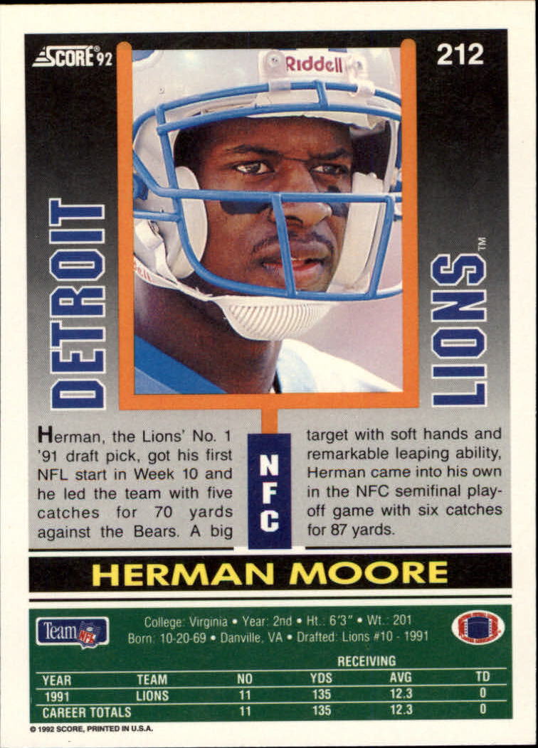 1992 Score #212 Herman Moore back image