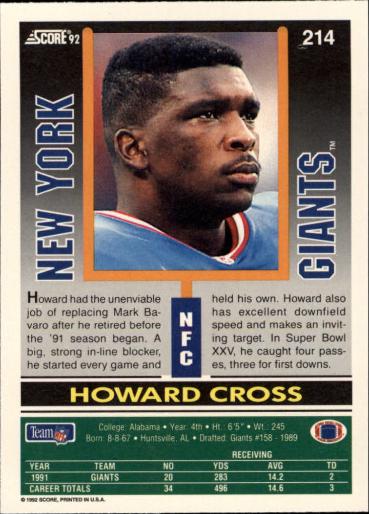 1992 Score #214 Howard Cross back image