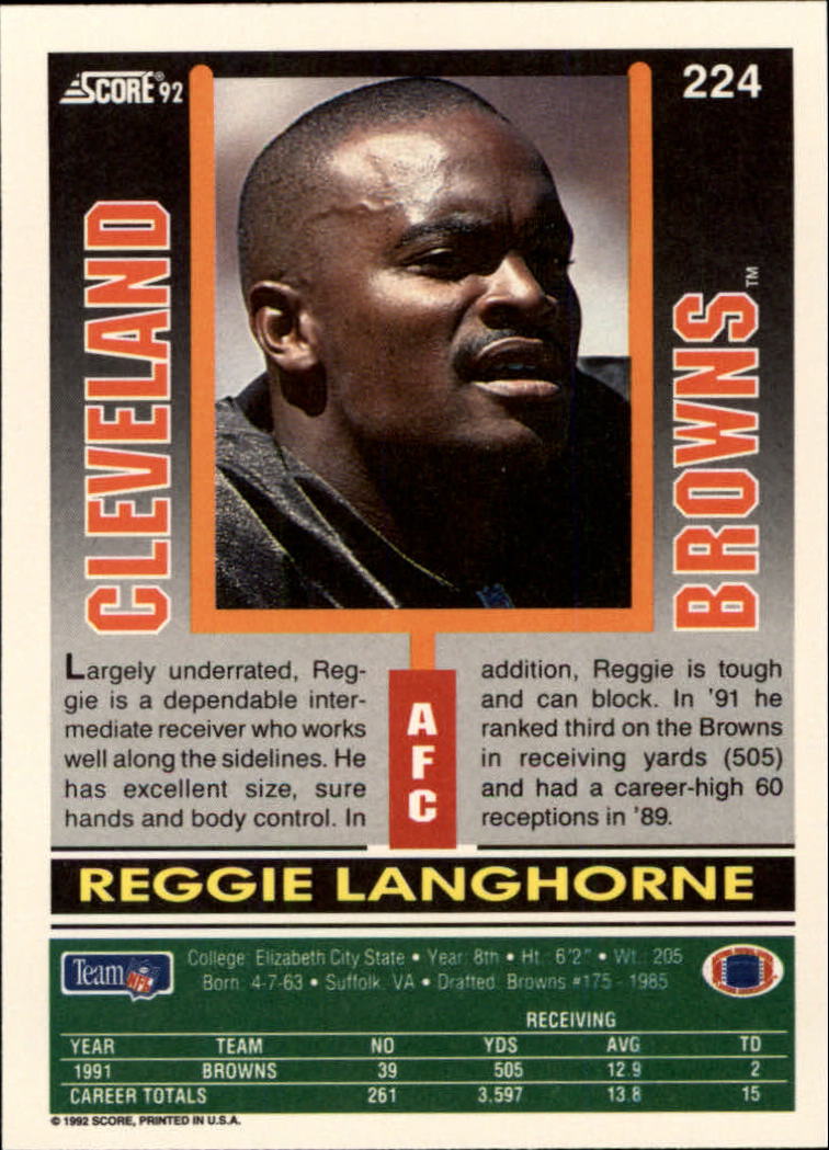 1992 Score #224 Reggie Langhorne back image