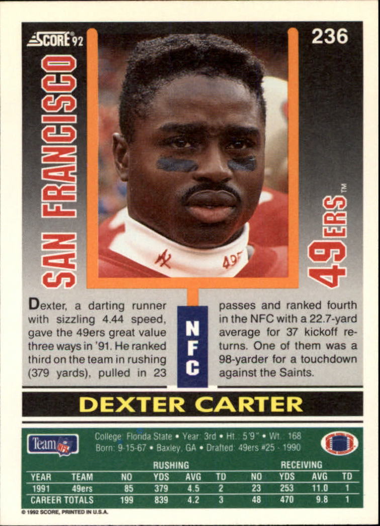 1992 Score #236 Dexter Carter back image