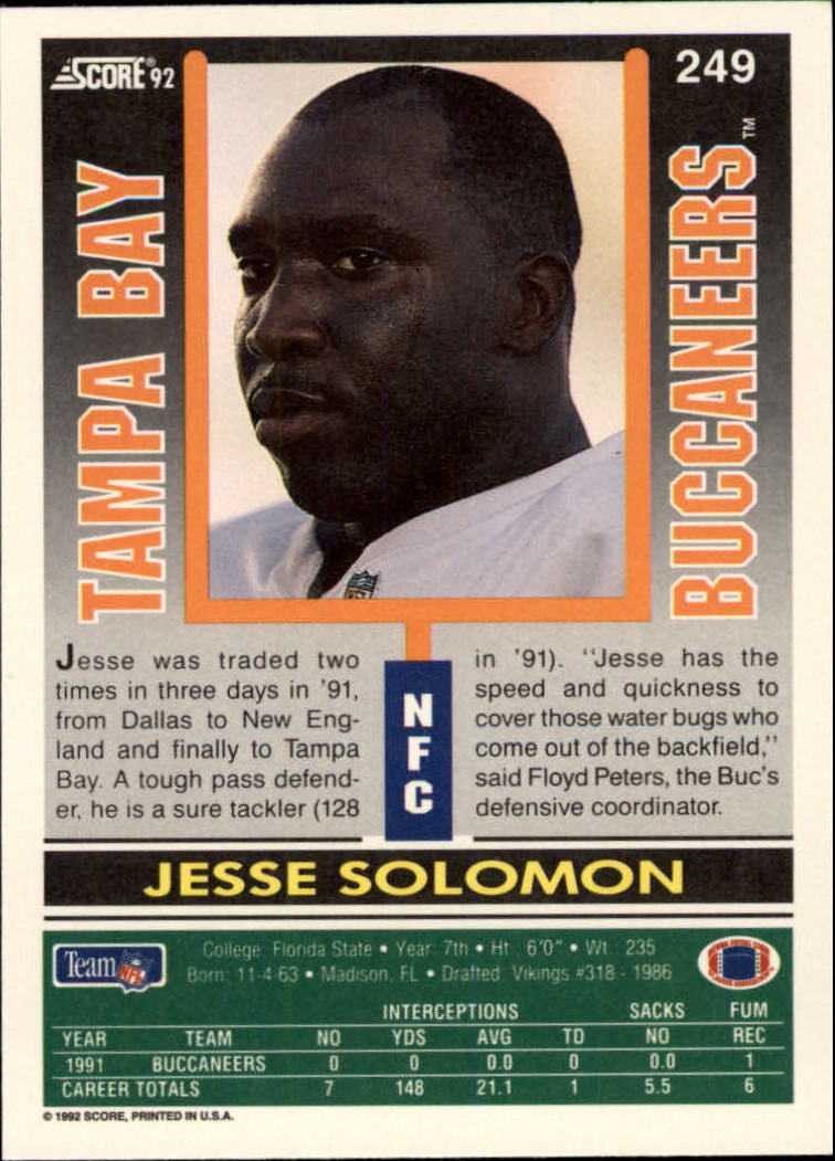 1992 Score #249 Jesse Solomon back image