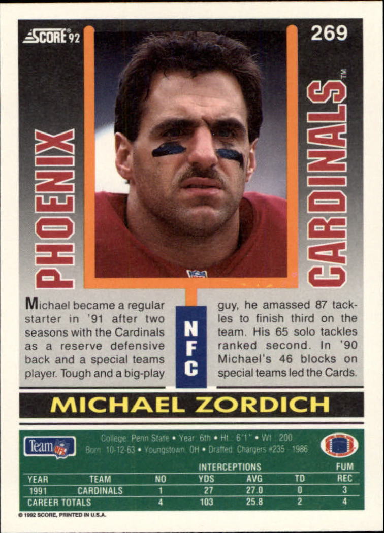 1992 Score #269 Michael Zordich RC back image