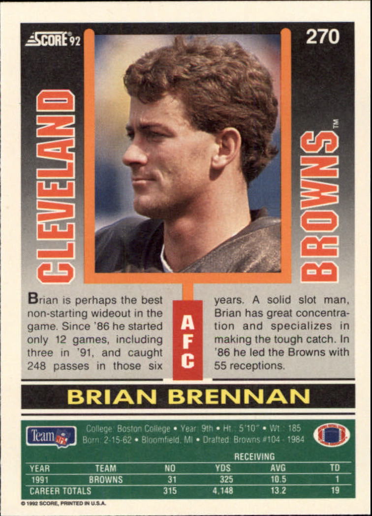 1992 Score #270 Brian Brennan back image