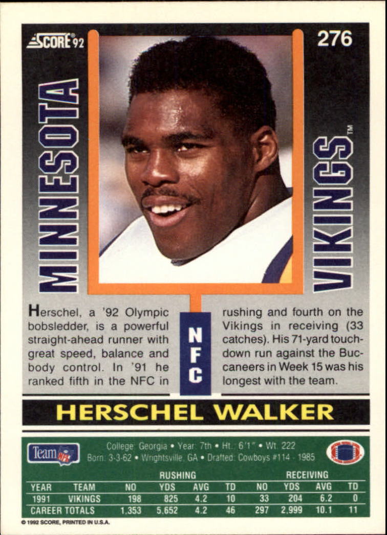 1992 Score #276 Herschel Walker back image
