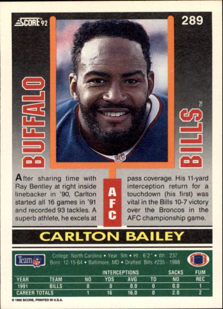 1992 Score #289 Carlton Bailey RC back image
