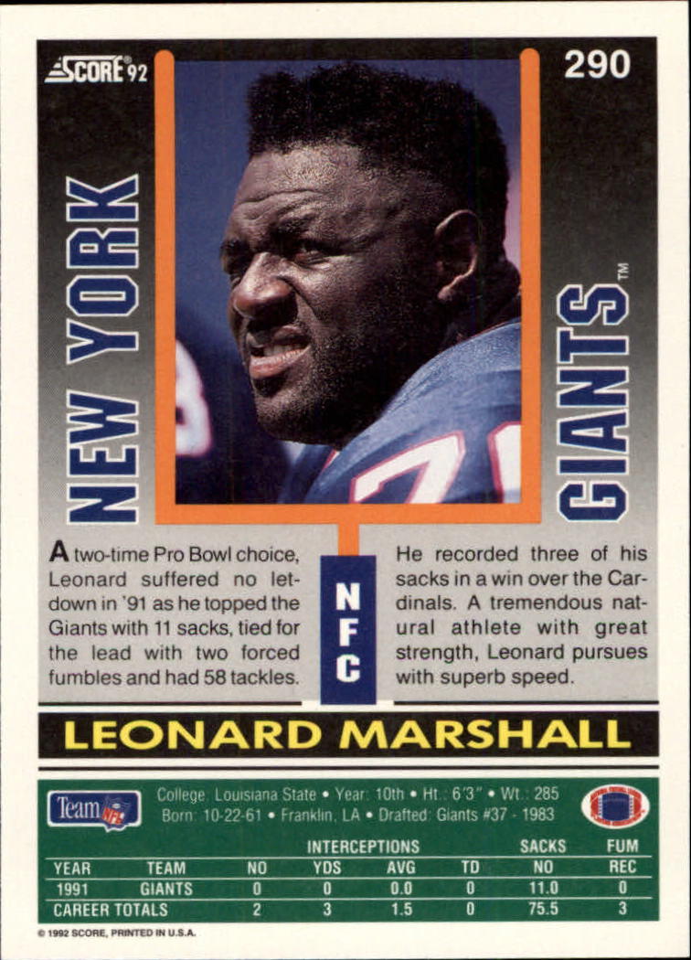 1992 Score #290 Leonard Marshall back image