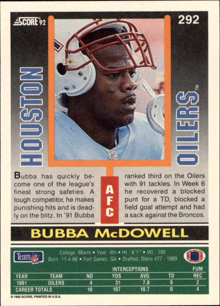1992 Score #292 Bubba McDowell back image