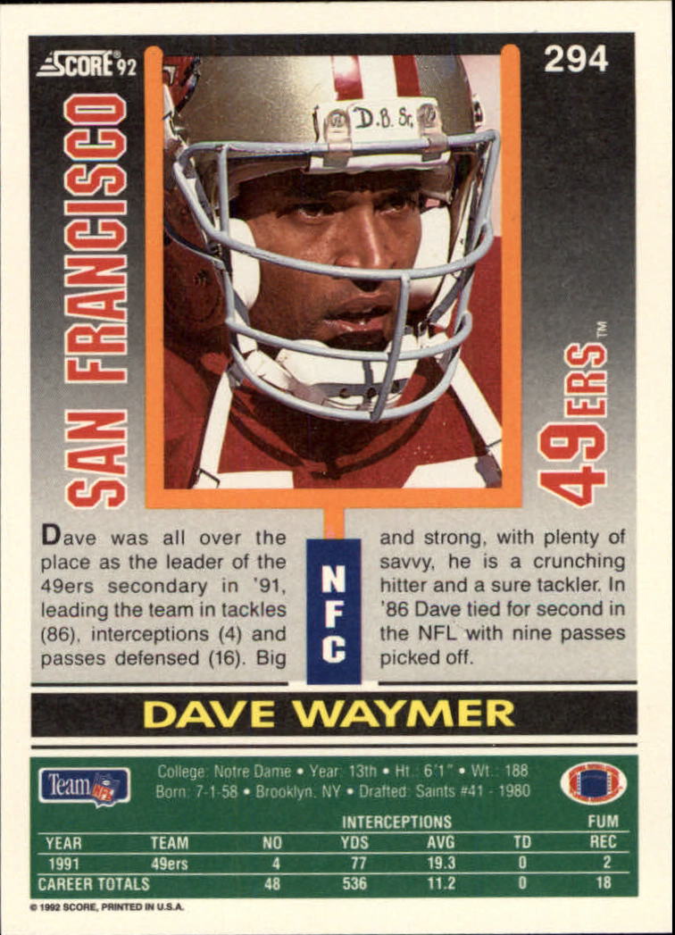 1992 Score #294 Dave Waymer back image
