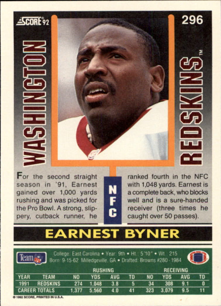 1992 Score #296 Earnest Byner back image