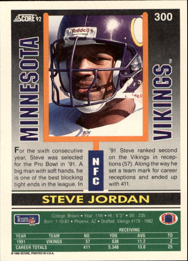 1992 Score #300 Steve Jordan back image