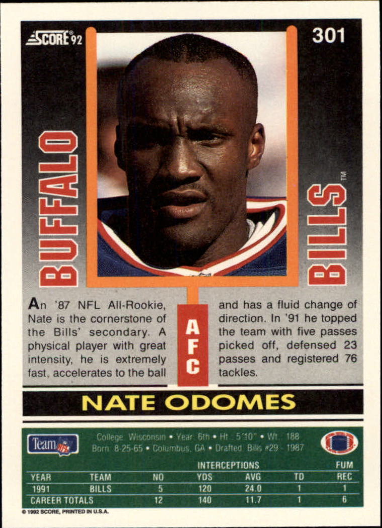 1992 Score #301 Nate Odomes back image