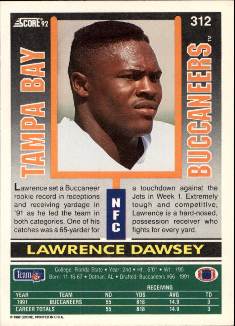 1992 Score #312 Lawrence Dawsey back image