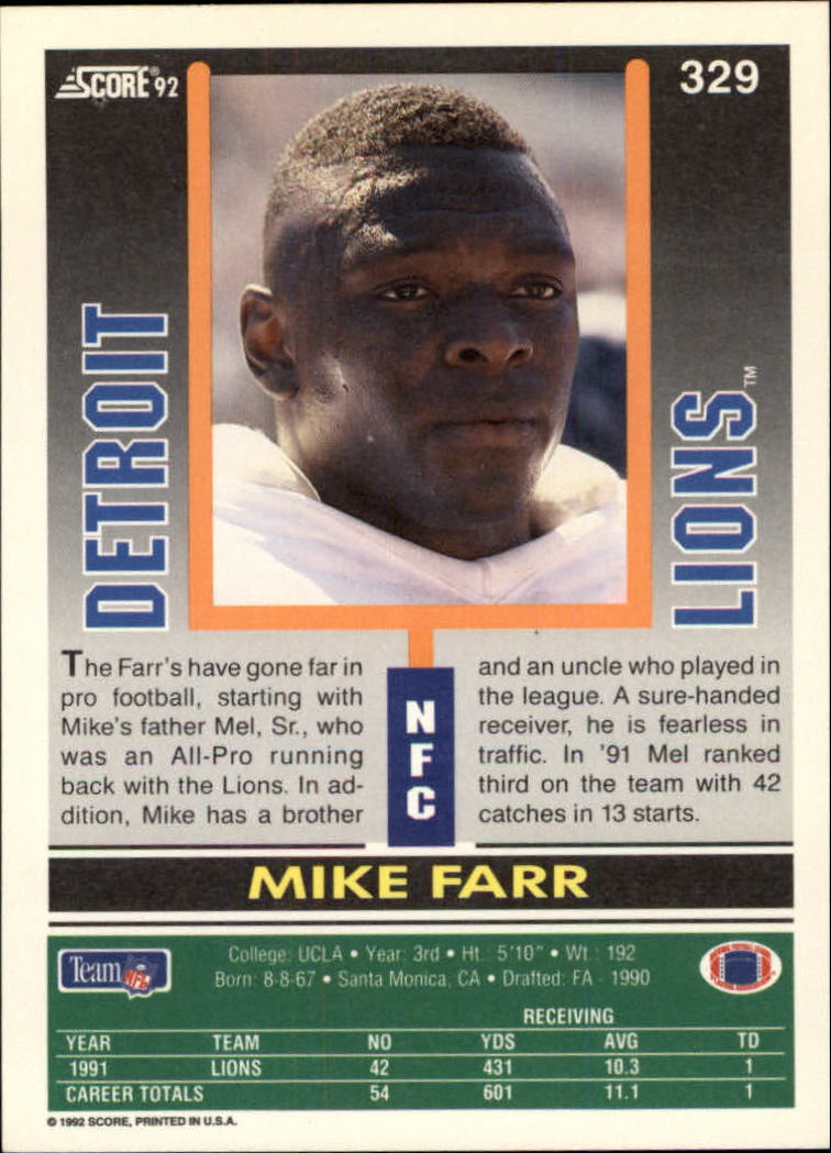 1992 Score #329 Mike Farr UER back image