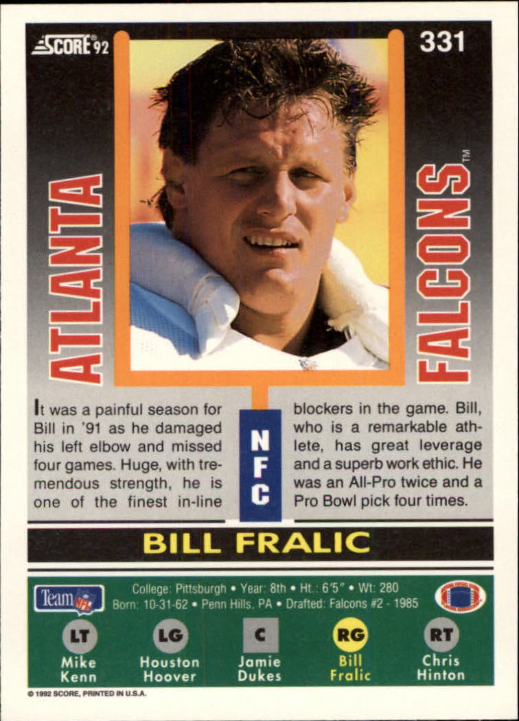 1992 Score #331 Bill Fralic back image