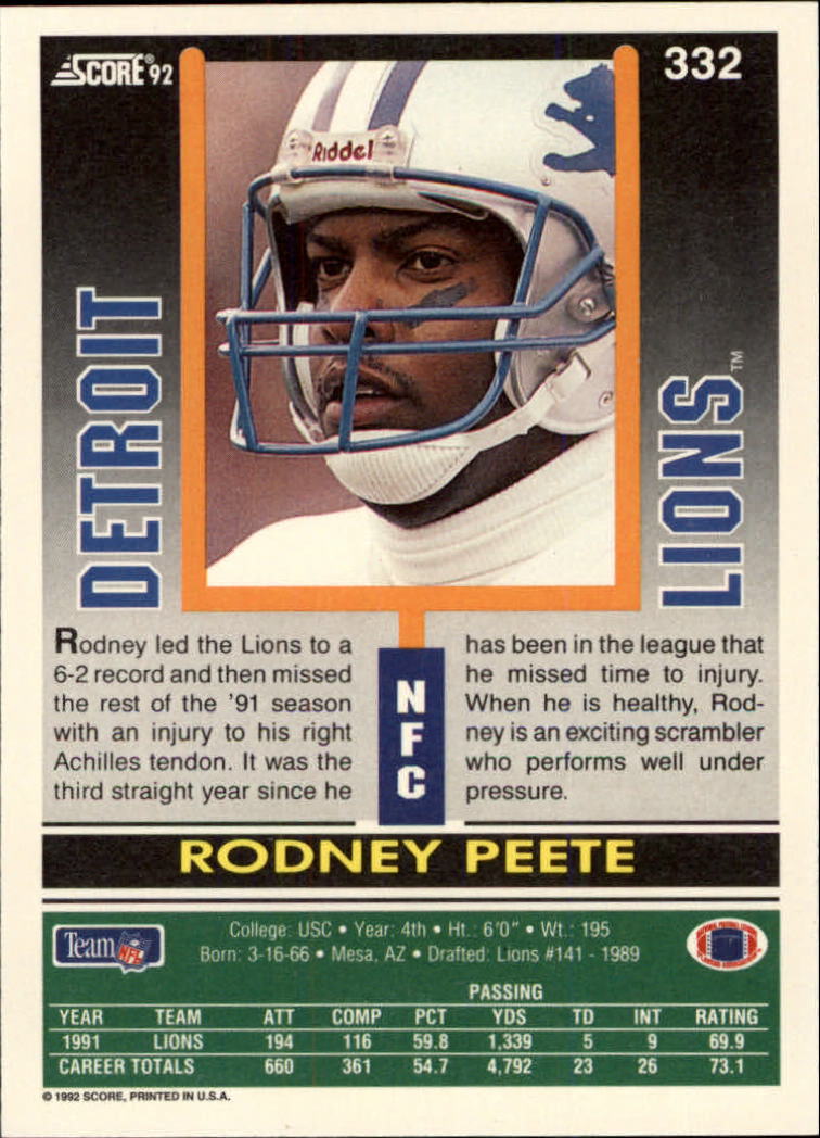 1992 Score #332 Rodney Peete back image