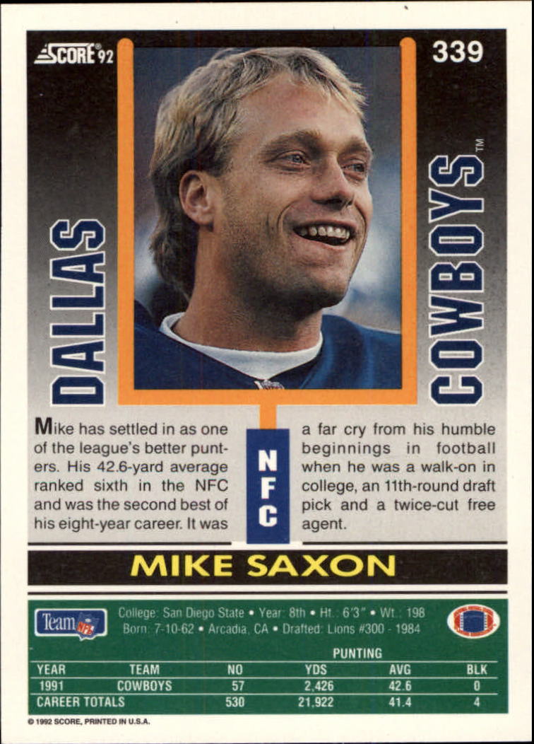 1992 Score #339 Mike Saxon back image