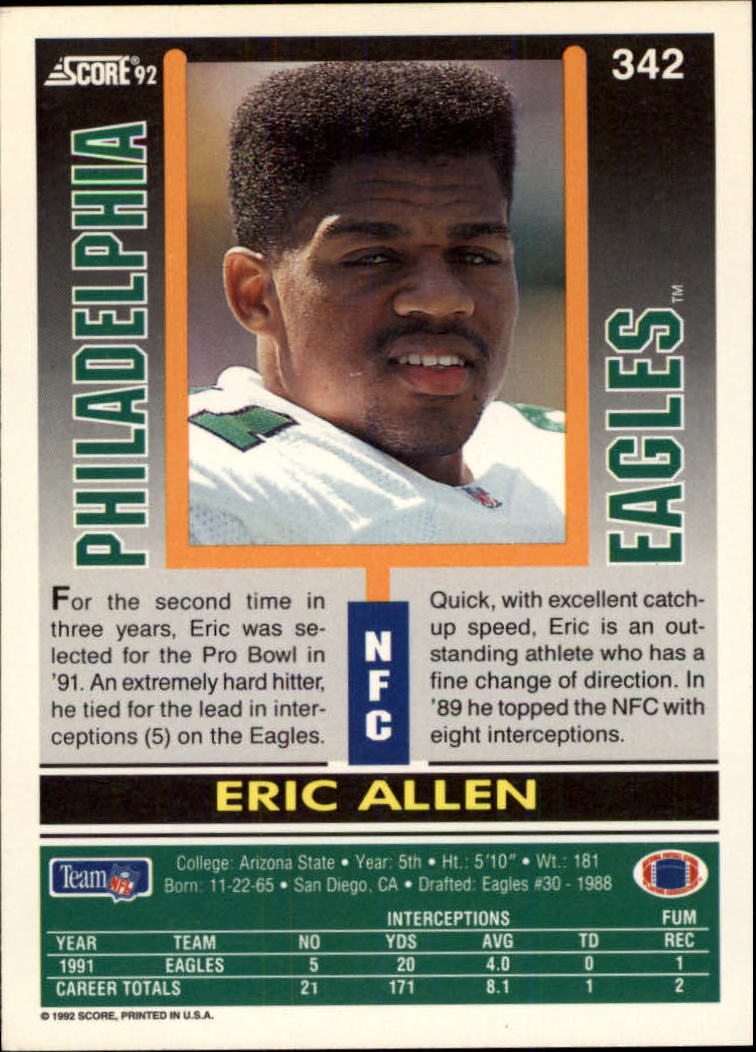 1992 Score #342 Eric Allen back image