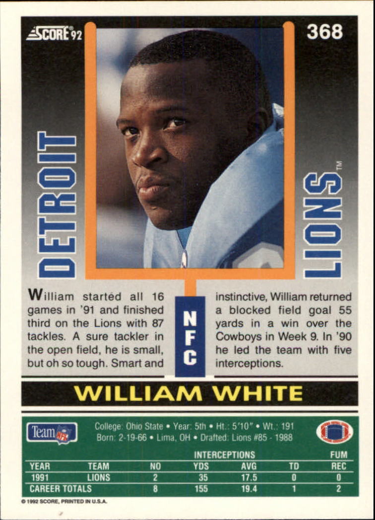1992 Score #368 William White back image