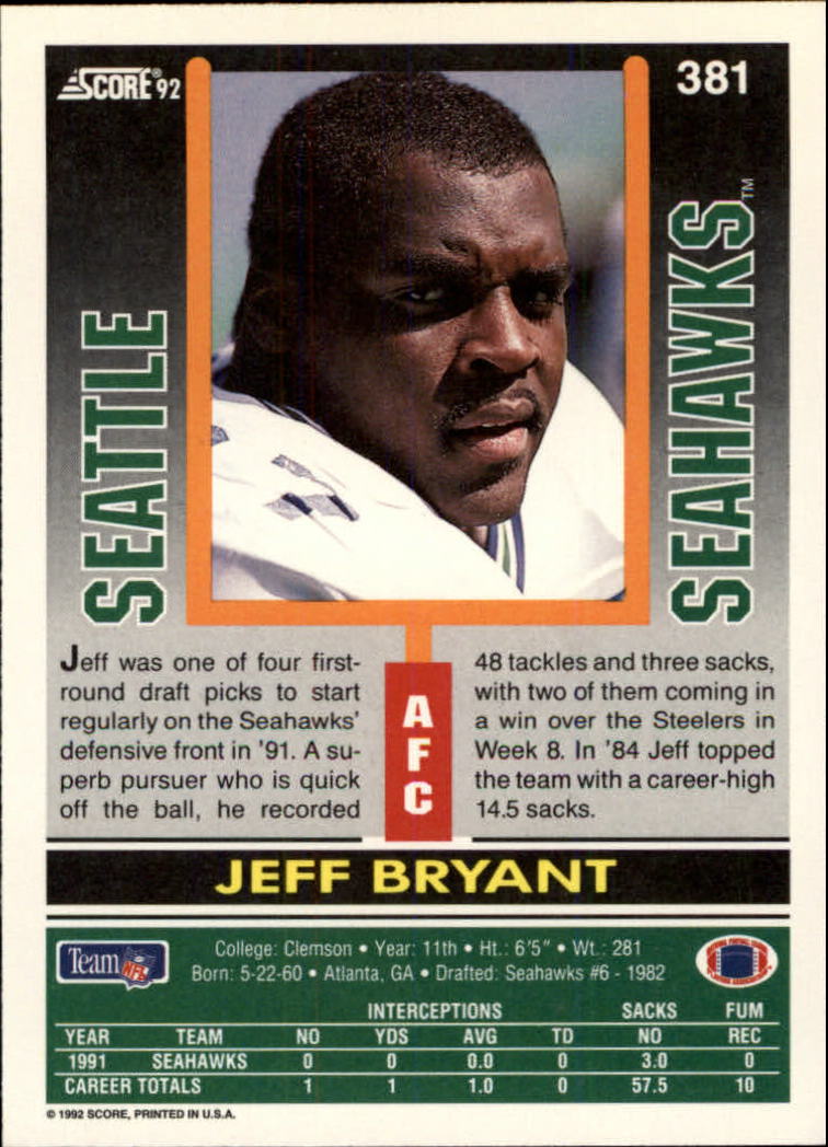 1992 Score #381 Jeff Bryant back image