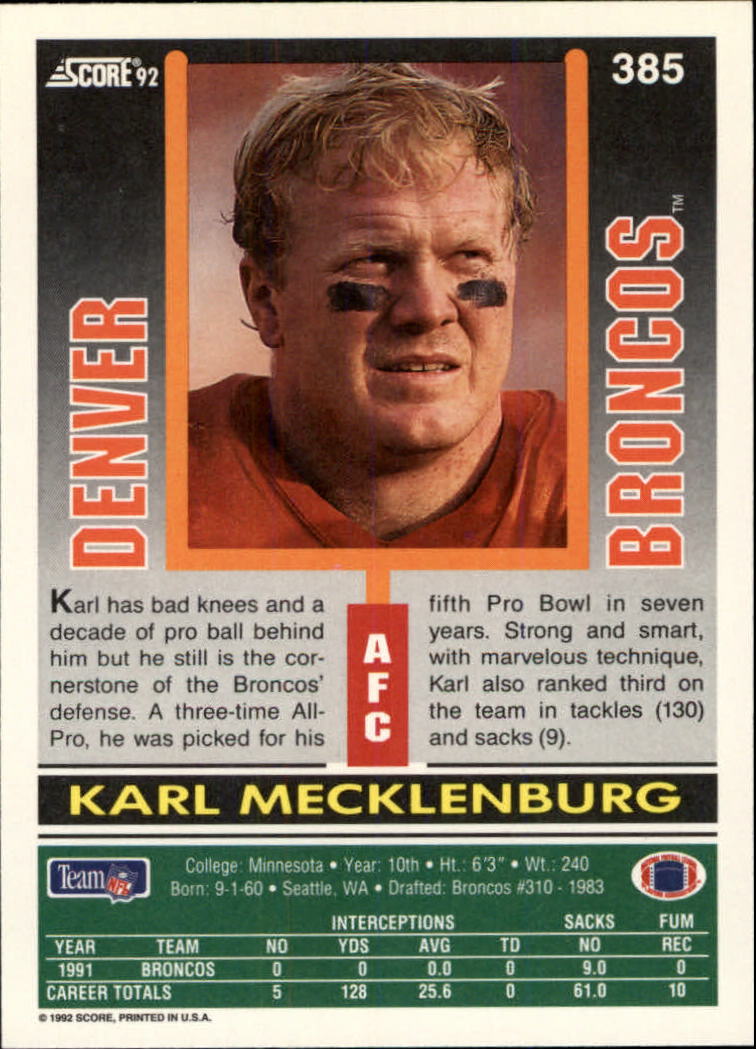 1992 Score #385 Karl Mecklenburg back image