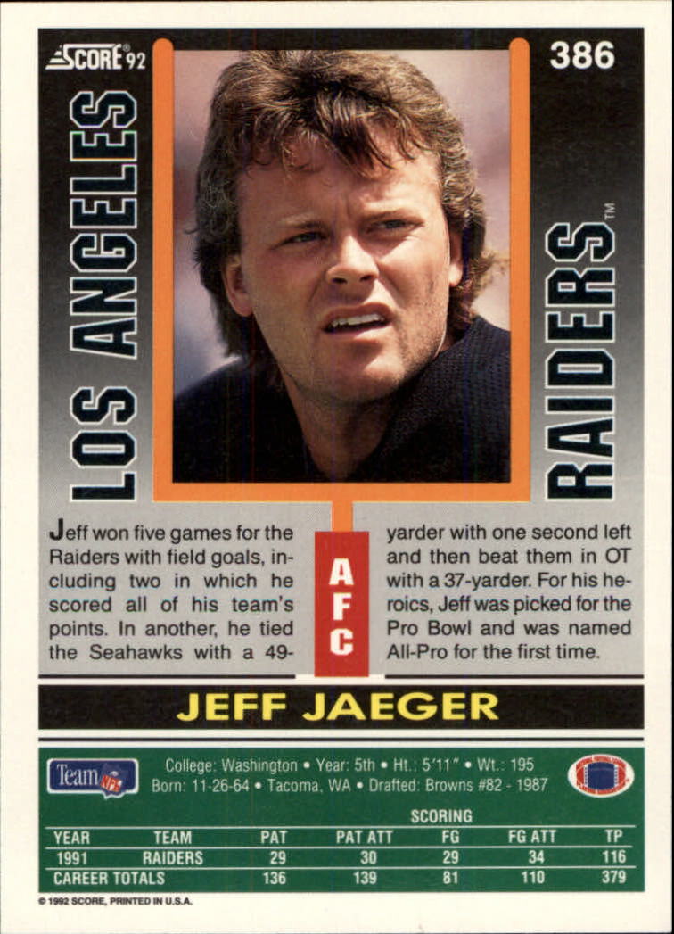 1992 Score #386 Jeff Jaeger back image