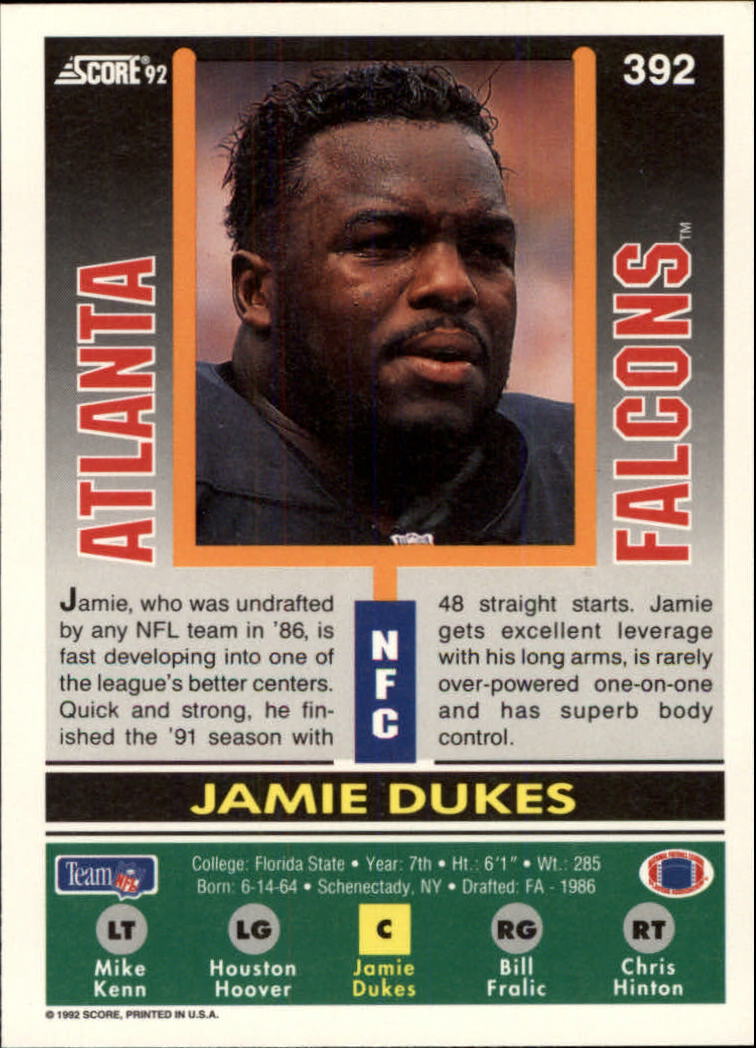 1992 Score #392 Jamie Dukes RC back image