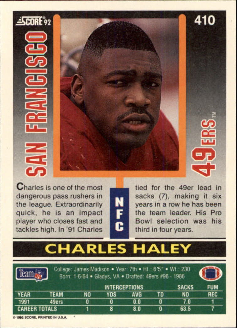 1992 Score #410 Charles Haley back image