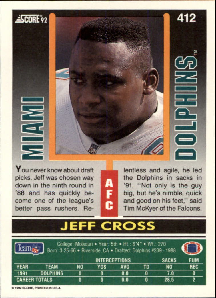 1992 Score #412 Jeff Cross back image