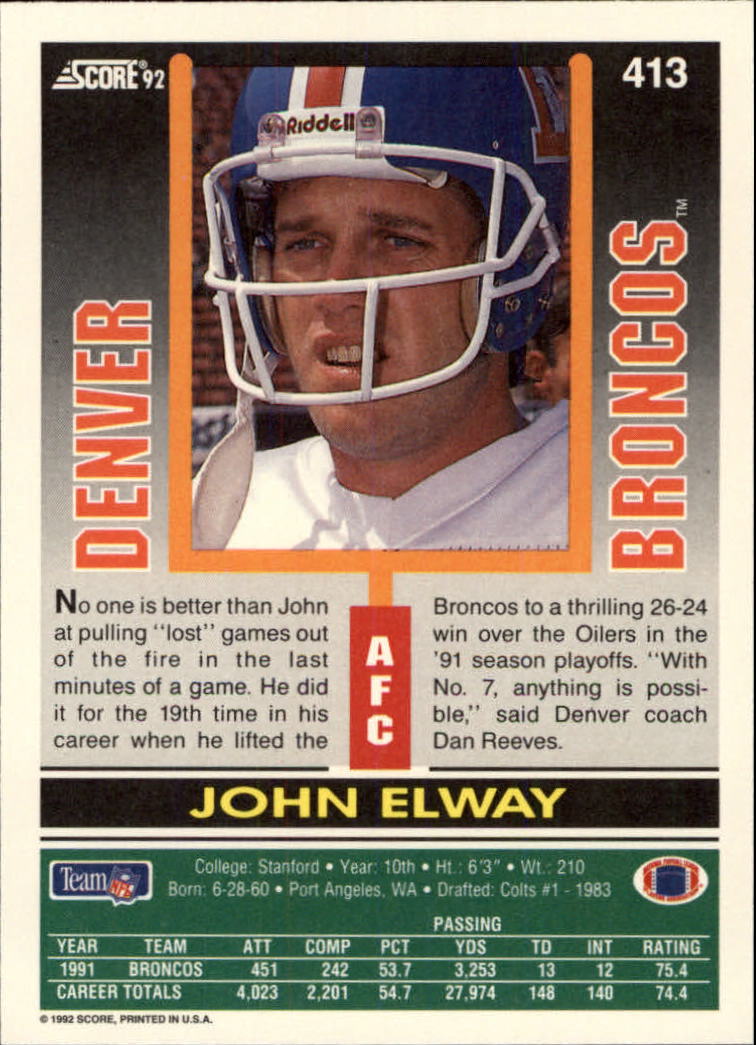 1992 Score #413 John Elway back image
