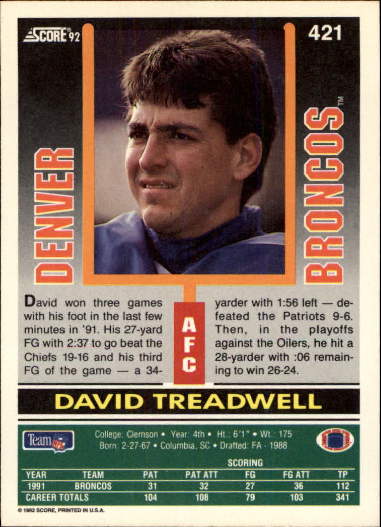 1992 Score #421 David Treadwell back image