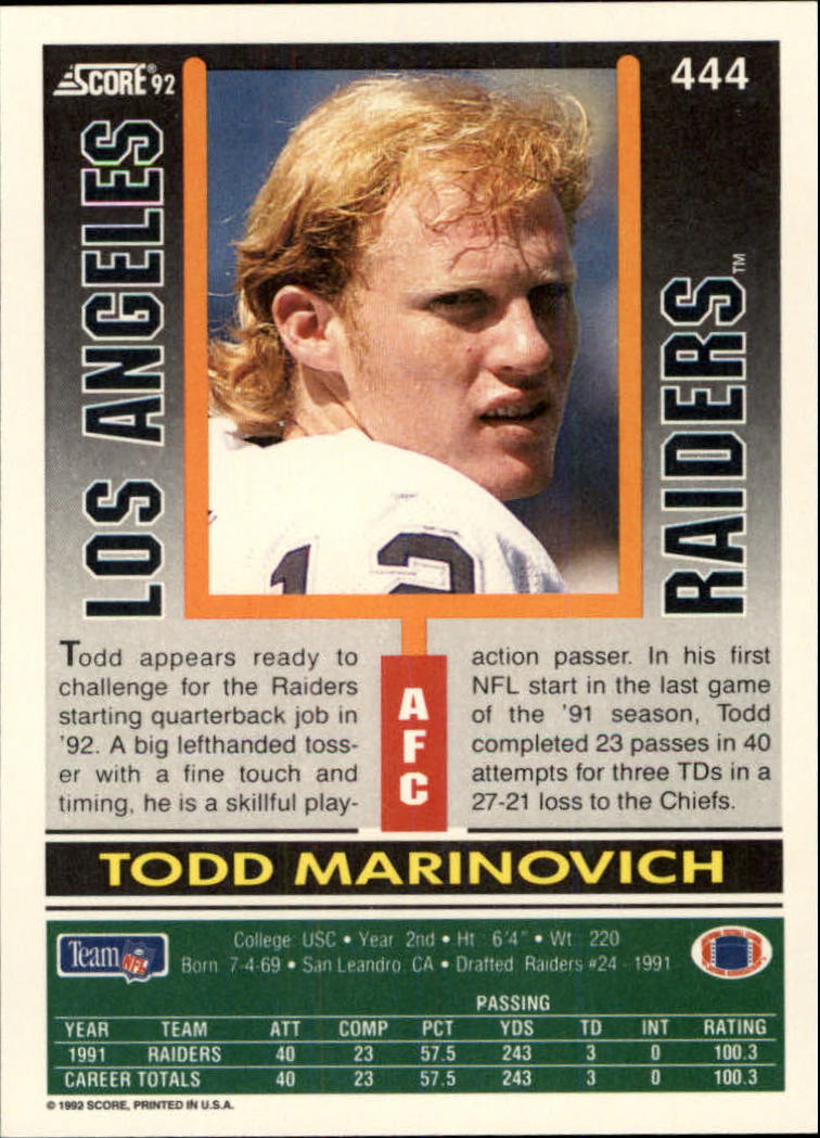 1992 Score #444 Todd Marinovich back image