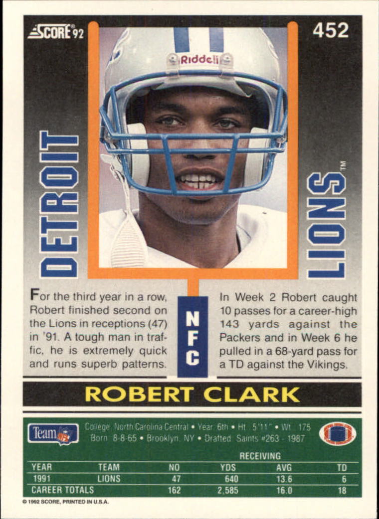 1992 Score #452 Robert Clark back image