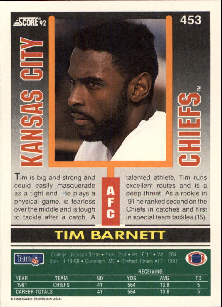 1992 Score #453 Tim Barnett back image