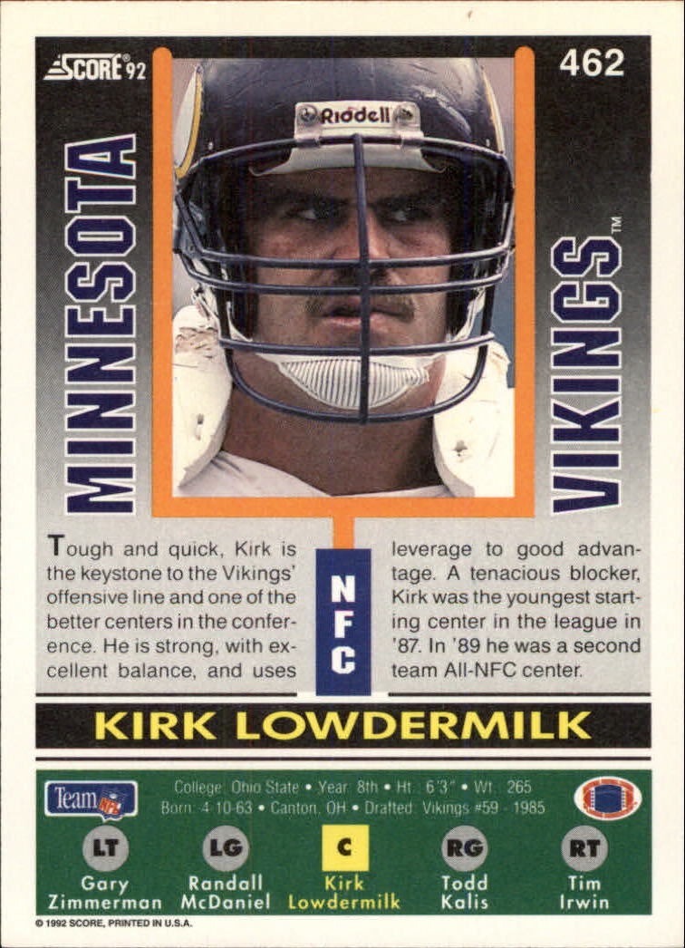 1992 Score #462 Kirk Lowdermilk back image