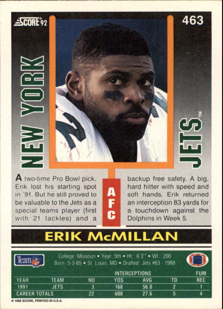 1992 Score #463 Erik McMillan back image