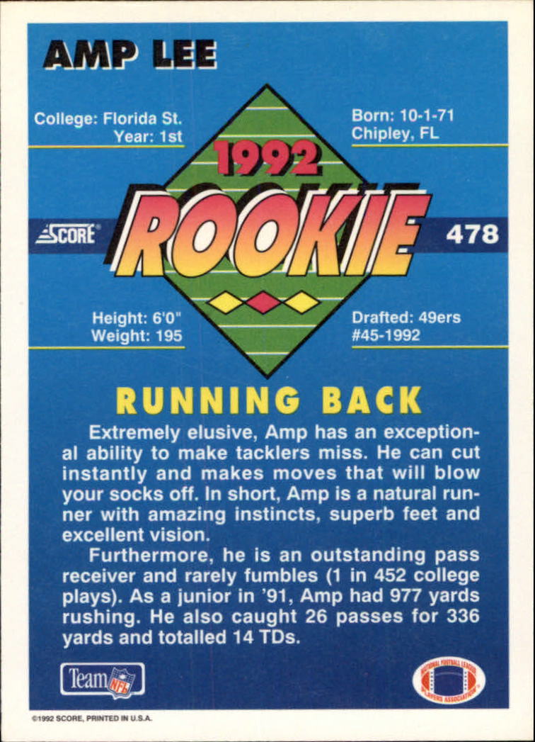 1992 Score #478 Amp Lee RC back image