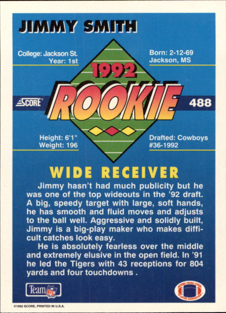 1992 Score #488 Jimmy Smith RC back image