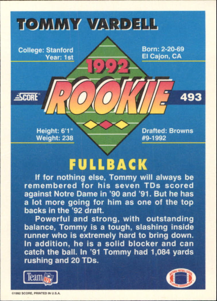 1992 Score #493 Tommy Vardell RC back image
