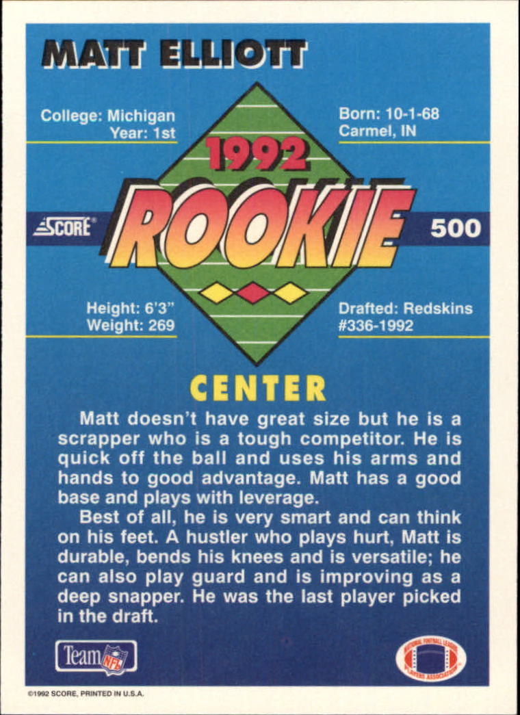 1992 Score #500 Matt Elliott RC back image