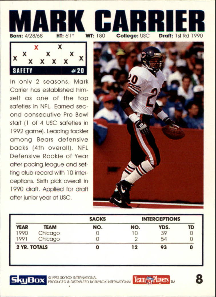 1992 SkyBox Impact #8 Mark Carrier DB back image