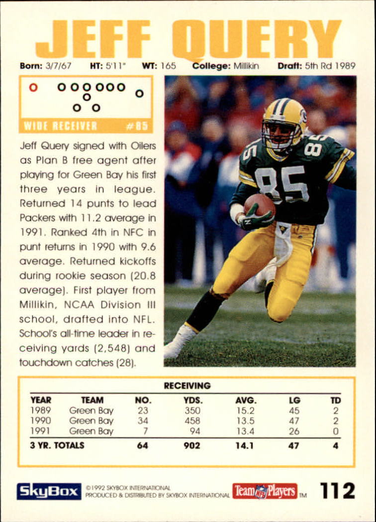 1992 SkyBox Impact #112 Jeff Query UER/(Text mentions Oilers,/but Packers logo/still on front) back image