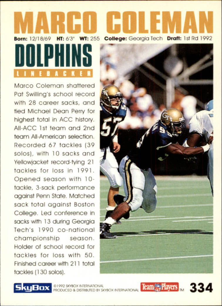 1992 SkyBox Impact #334 Marco Coleman RC back image
