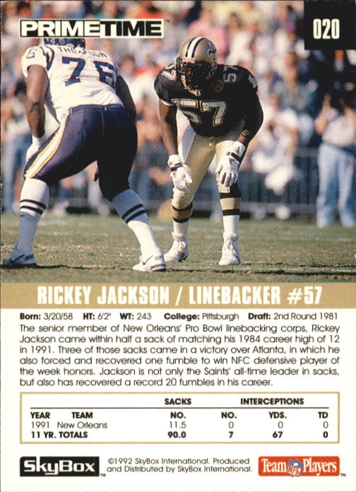 1992 SkyBox Prime Time #20 Rickey Jackson back image