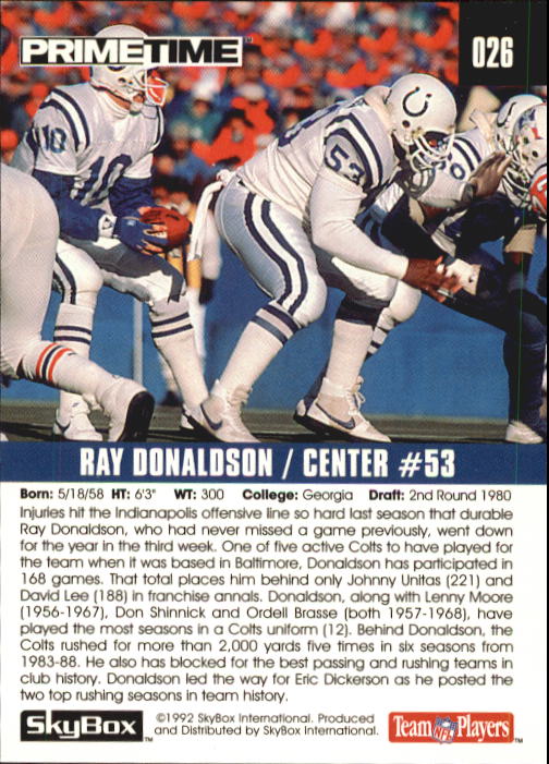 1992 SkyBox Prime Time #26 Ray Donaldson back image
