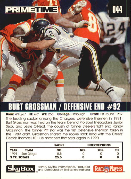 1992 SkyBox Prime Time #44 Burt Grossman back image