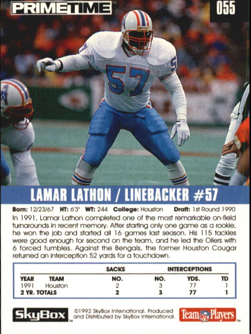 1992 SkyBox Prime Time #55 Lamar Lathon back image