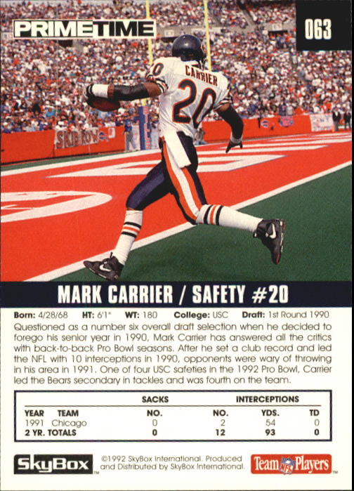 1992 SkyBox Prime Time #63 Mark Carrier DB back image